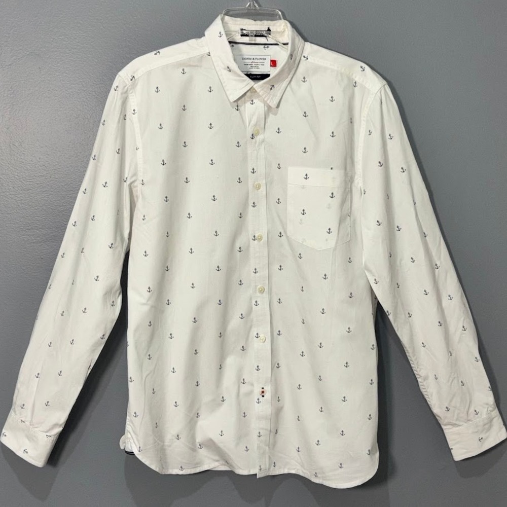 Denim & Flower‎ Shirt Mens Large L White Cotton Anchor Slim Fit Nautical Coastal